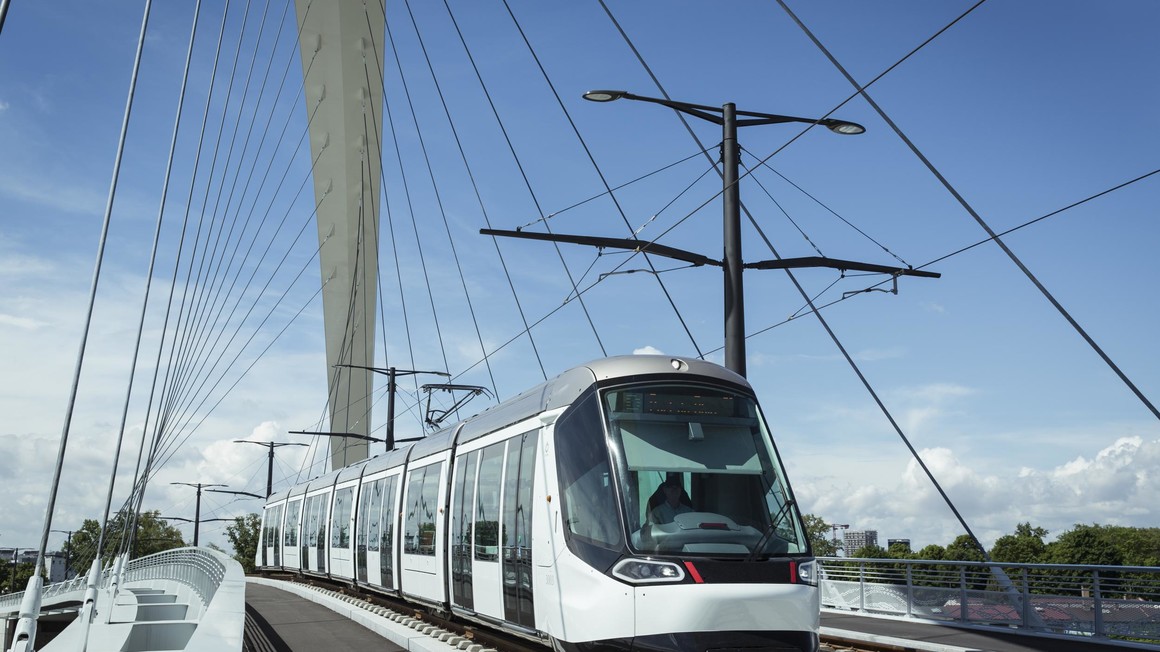 Alstom's Citadis tram on the le Beatus – Rhenanus bridge in Strasbourg