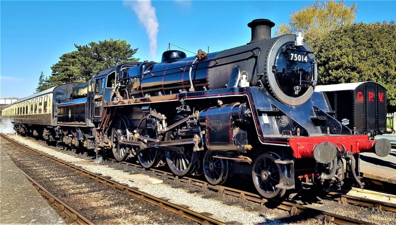 BR Standard Class 4 Locomotive No. 75014 'Braveheart’ arrives at Winchcombe station on 4th April 2023