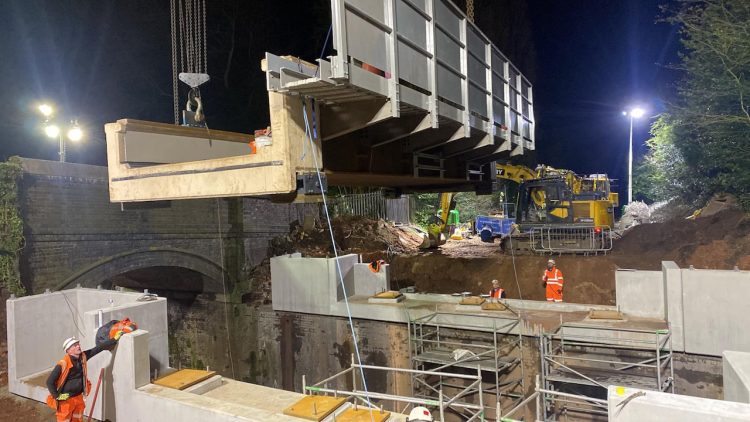 New bridge deck being craned into place Sutton Coldfield Easter 2023