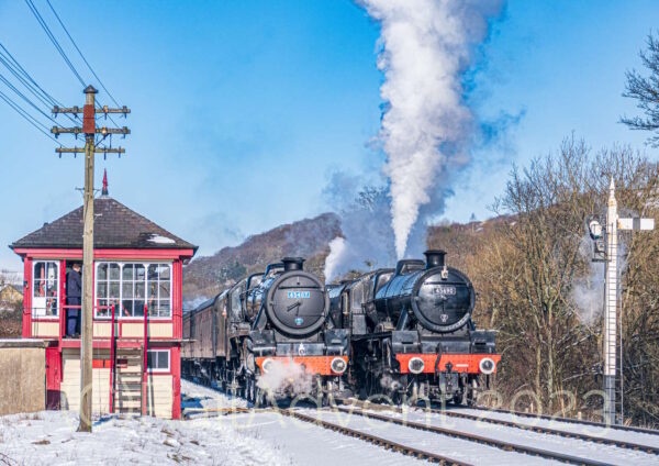 45407 The Lancashire Fusilier and 45690 Leander at Damems on the Keighley and Worth Valley Railway during their 2023 Spring Steam Gala