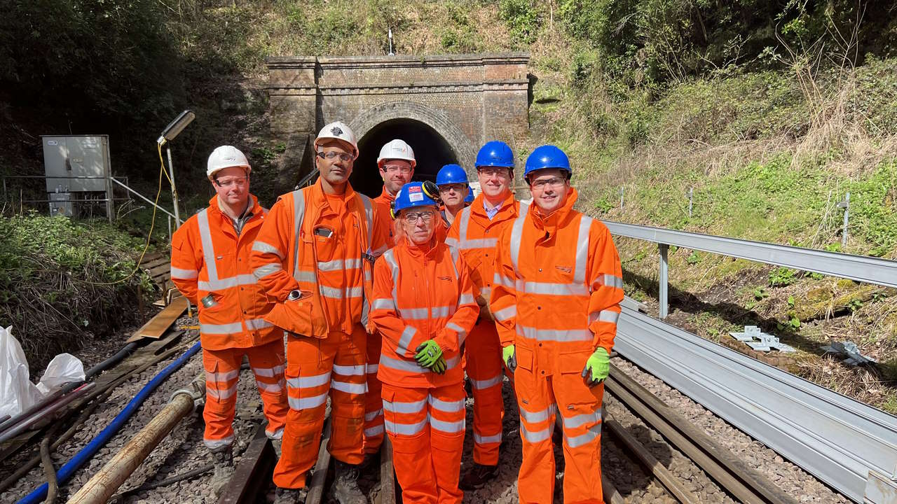 Rail Minister Huw Merriman with Network Rail and Southeastern colleagues during a visit to Mountfield Tunnel