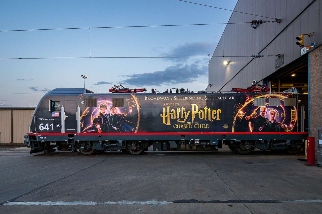 Amtrak ACS-64 #641 is the first of four locomotives to receive a Harry Potter Broadway Show promotional wrap, pictured at the Ivy City Maintenance Facility upon completion.