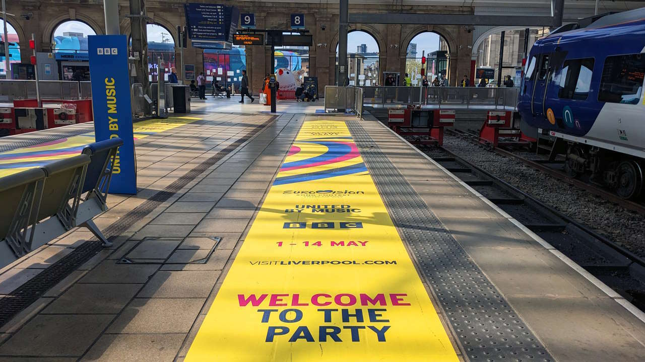 Liverpool Lime Street Eurovision branding on platform 9