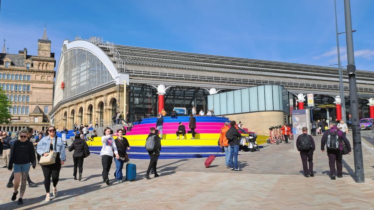 Liverpool Lime Street external with Eurovision branded steps