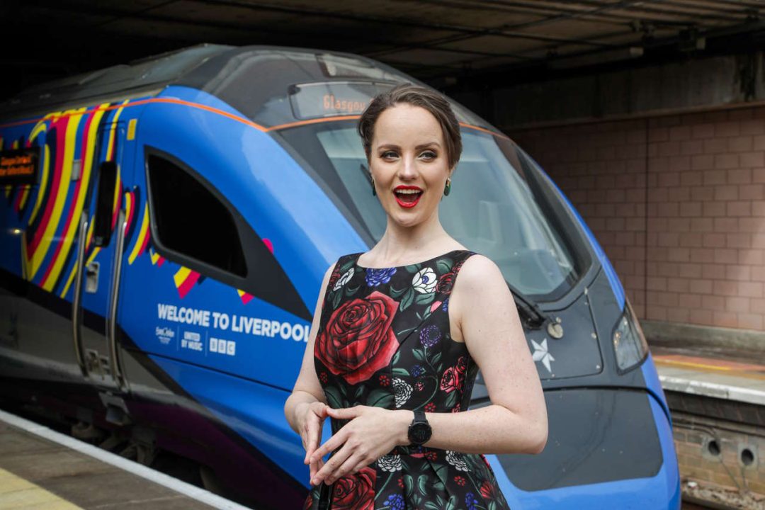 Soprano Morgan Carter serenades the TPE Eurovision wrapped train before its inaugural service