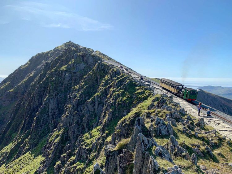 Snowdon Mountain Railway train nearing the summit.