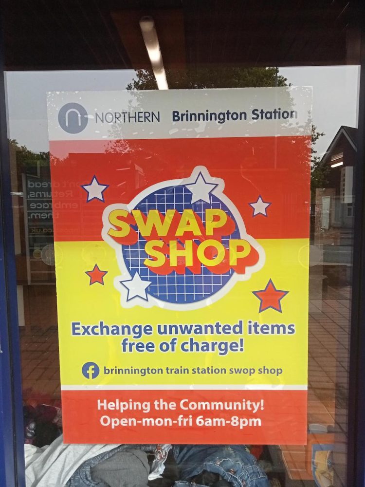 Swap Shop signage at Brinnington station