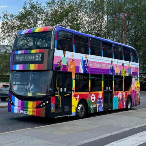 A colour rainbow wrapped bus ready for PRIDE. Credit: TfL