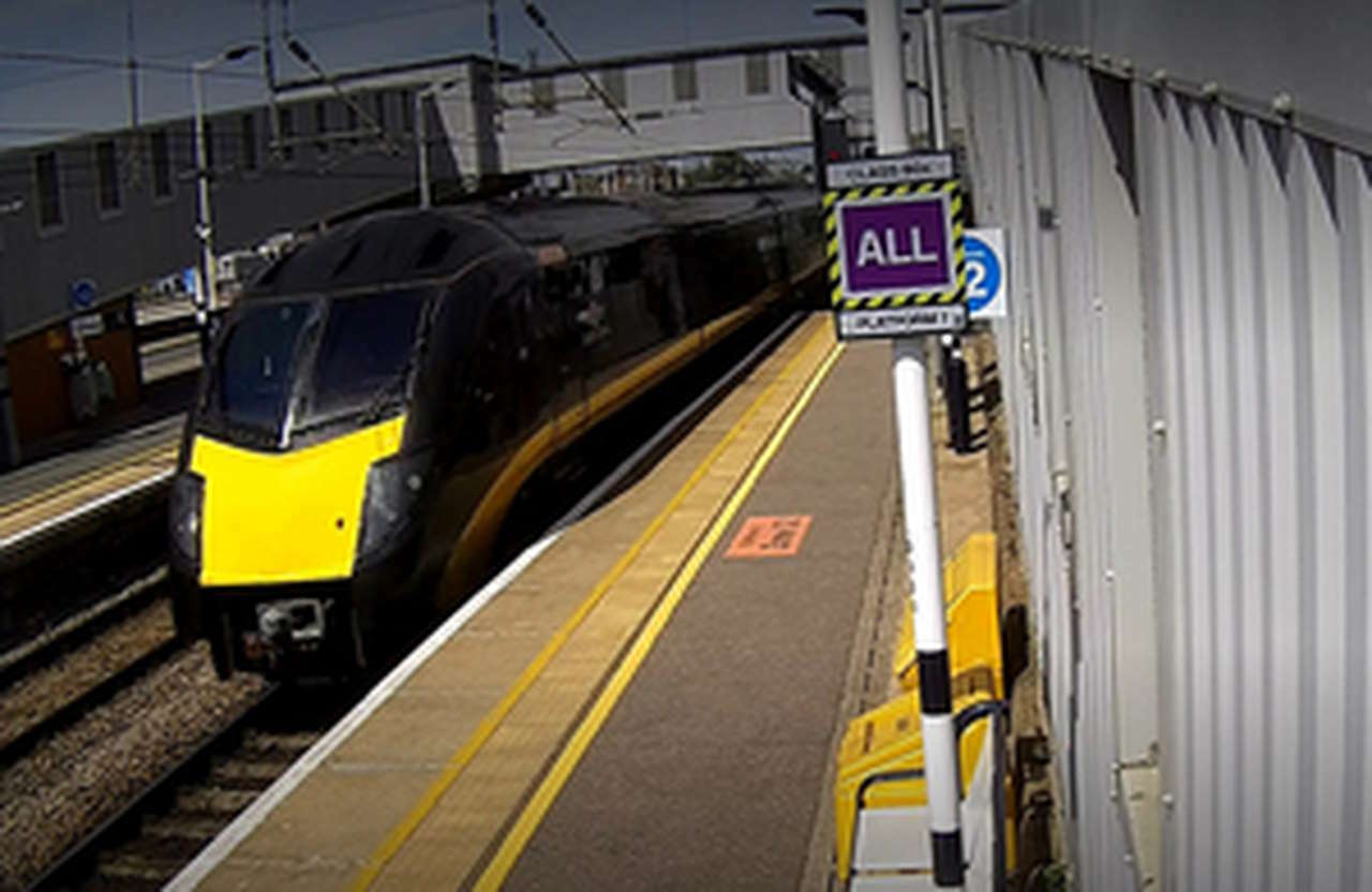 Station CCTV image of the train slowing down at Peterborough platform 1 following the overspeeding incident