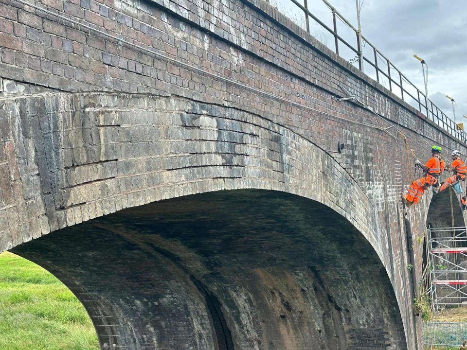 Rope access teams working on the River Avon Viaduct on the Coventry to Leamington line