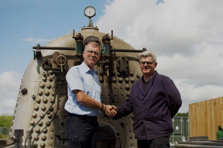 Boiler Inspector Peter Cairns shakes hands with Richard Pearson, Locomotive Manager