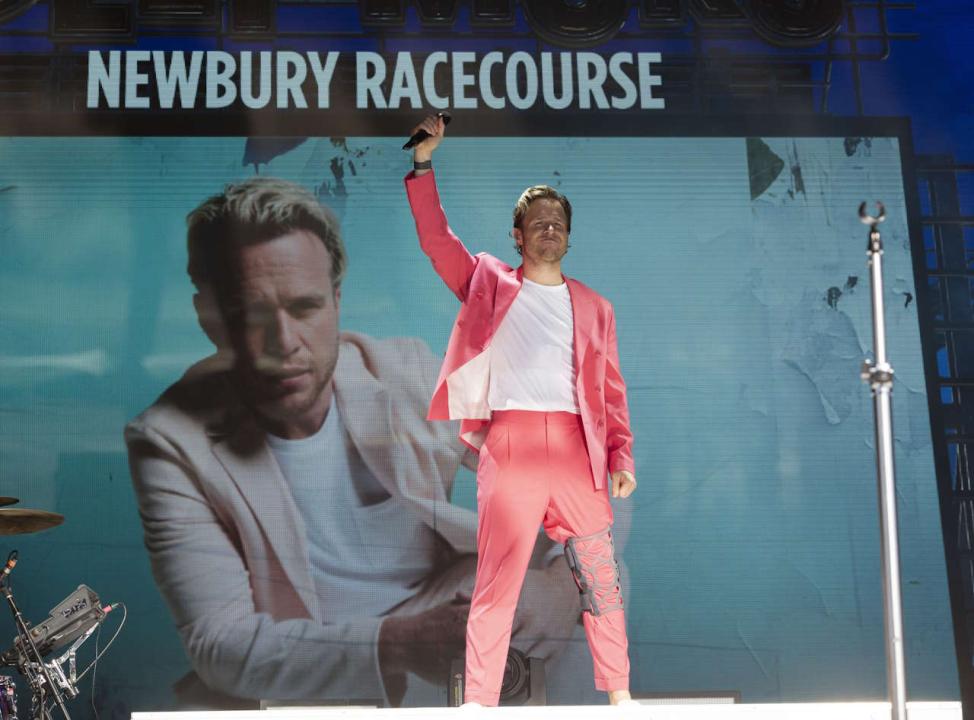 Olly Murs performs on Stage after the BetVictor race day at Newbury Race Course.