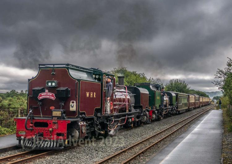 Garratt 143 and 130 arrive into Pont Croesor, Welsh Highland Railway