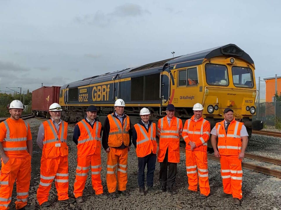 From left to right – Jordan Bennett, KGJ Price; Richard Miller, ETCS Operations Specialist Manager GBRf; Jack Eagling, Head of Timetabling & Long Term Traincrew Planning GBRf; Mark Bridel, Regional Freight Manager (Eastern) Network Rail; Chris Kay, Bulk Wagon Manager GBRf; John Smith, CEO GBRf; Tim Hartley, Director for Business Development GBRf; Stu Vinten, Operations Manager GBRf.