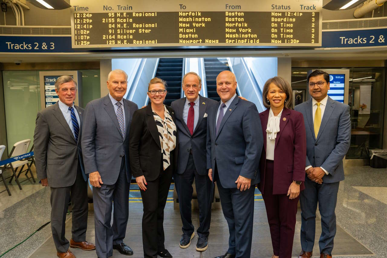 Pictured above (from left to right): Governor John Carney, Mayor Mike Purzycki, Amtrak EVP Laura Mason, Senator Tom Carper, White House Senior Advisor Mitch Landrieu, Rep. Lisa Blunt Rochester, FRA Administrator Amit Bose