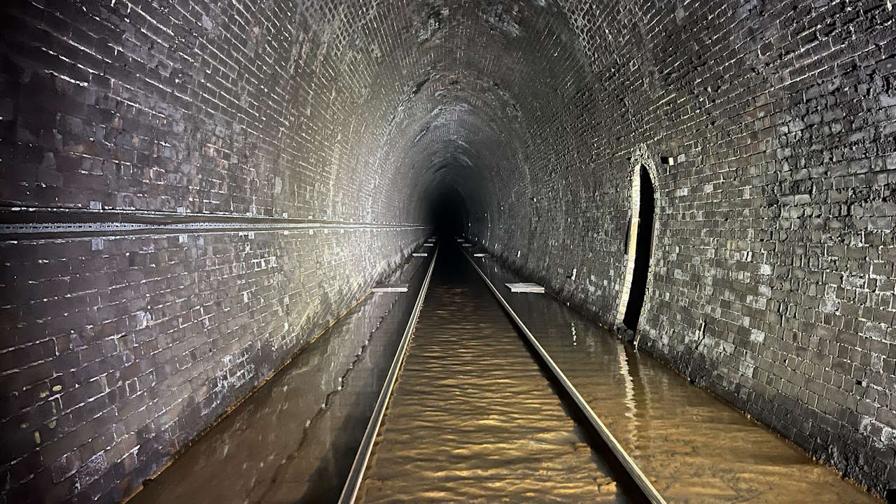 Flood water in Whitehaven tunnel containing iron ochre