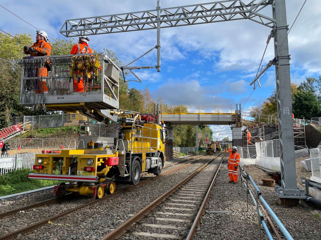 Network Rail engineers carry out wiring work on the Midland Main Line, Network Rail