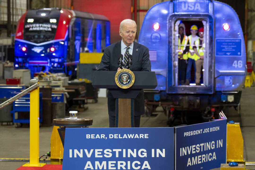 President Joe Biden makes his remarks on funding for passenger rail projects in the Northeast Corridor