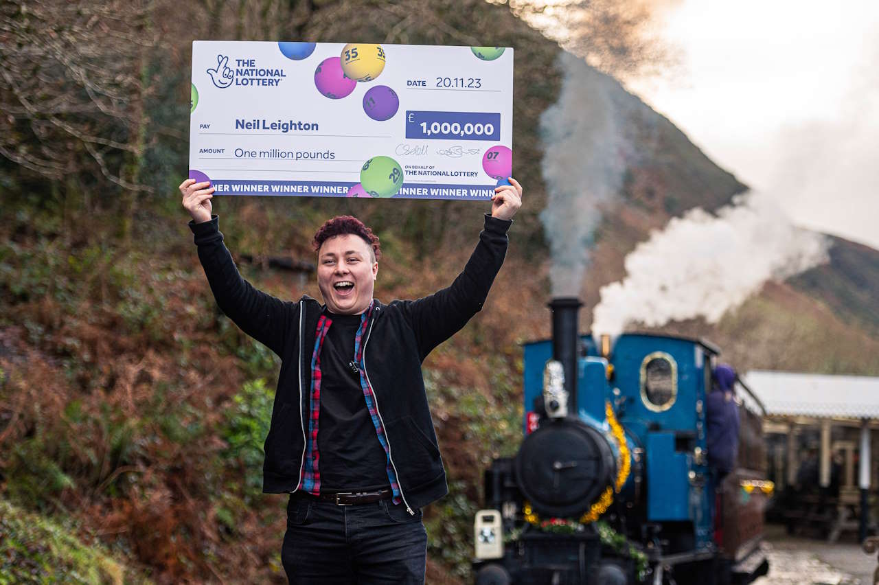 Neil Leighton celebrates his 1M National Lottery win at the Talyllyn Railway