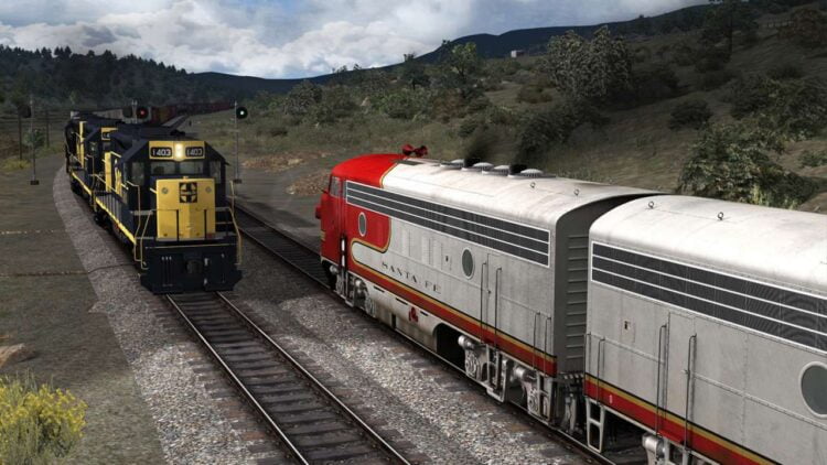 Now, challenging and diverse Santa Fe railroading from the 1950s, 1960s, and early 1970s awaits you with AT&SF Scenario Pack 01 as created by noted developer High Iron Simulations. Atop legendary Raton Pass, Santa Fe “Warbonnet” clad EMD F3s leading the El Capitan meet an EMD GP35 powered manifest freight.