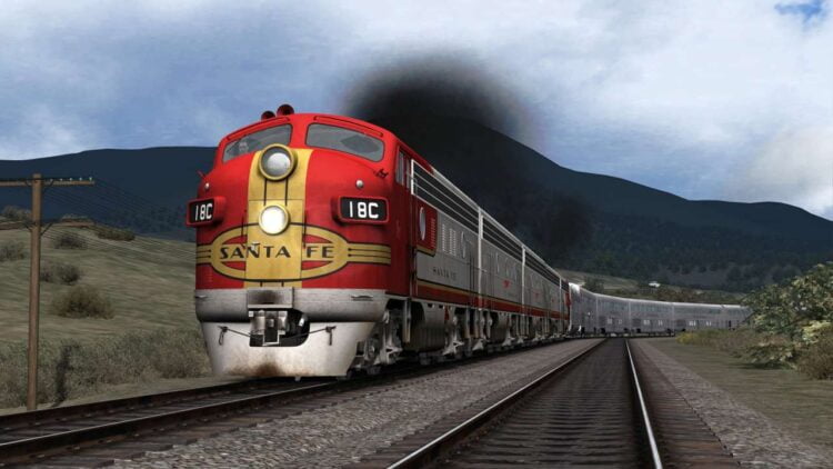 On a summer day, Warbonnet-dressed Santa Fe EMD F3s lead the eastbound El Capitan as its makes the challenging from run from Raton New Mexico to Trinidad, Colorado. AT&SF Scenario Pack 01 puts you at the throttle for Santa Fe operations on the Train Simulator Classic Raton Pass and Arizona Divide routes.