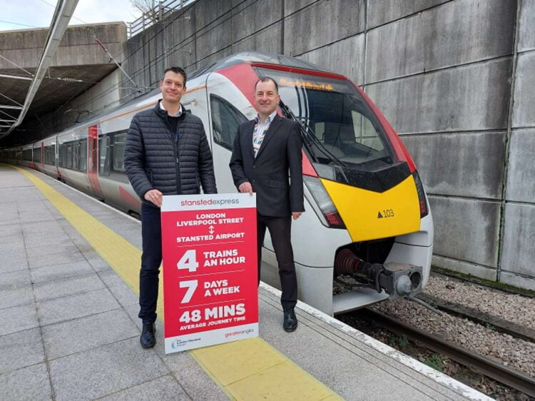 Gareth Powell, MAG and Jamie Burles, Greater Anglia next to Stansted Express