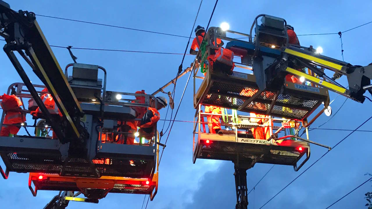 Networ Rail engineers working on maintenance of overhead line equipment, // Credit: Network Rail