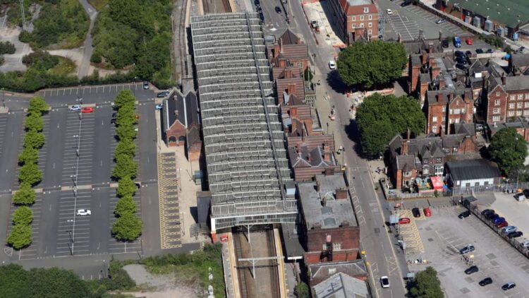 Helicopter shot of Stoke-on-Trent station train shed looking towards Southern gable end (1)