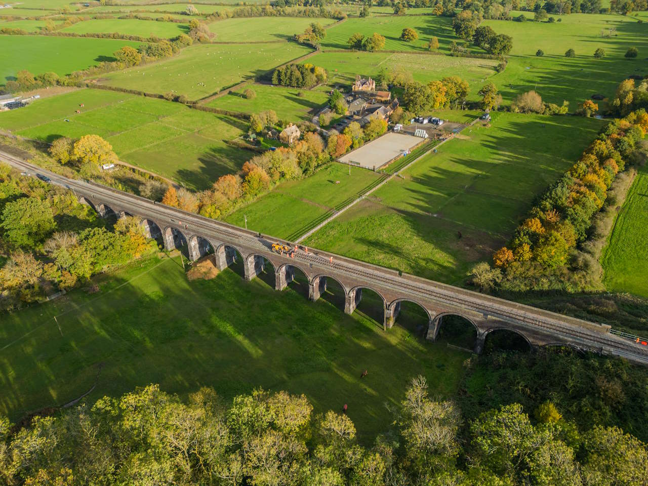 Photographs taken on top of Stanway Viaduct on the Gloucestershire Warwickshire Railway. The 15 arch structure requires serious work which meant that the track and trackbed needed lifting to access the top of the arches. Contractors and volunteers from the GWSR are pictured carrying out the track lifting on day one of the line closure.