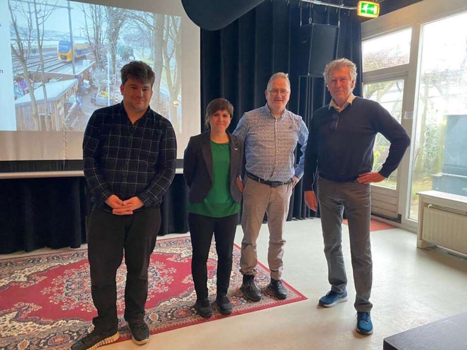 (L-R) Vincent Jacobs of LSA, Jools Townsend, chief executive of Community Rail Network, Michel Lintermans of Coöperatie Stationspark Deurne, and Jos van Wegen of Coöperatie Coopnet at the networking event in Utrecht.