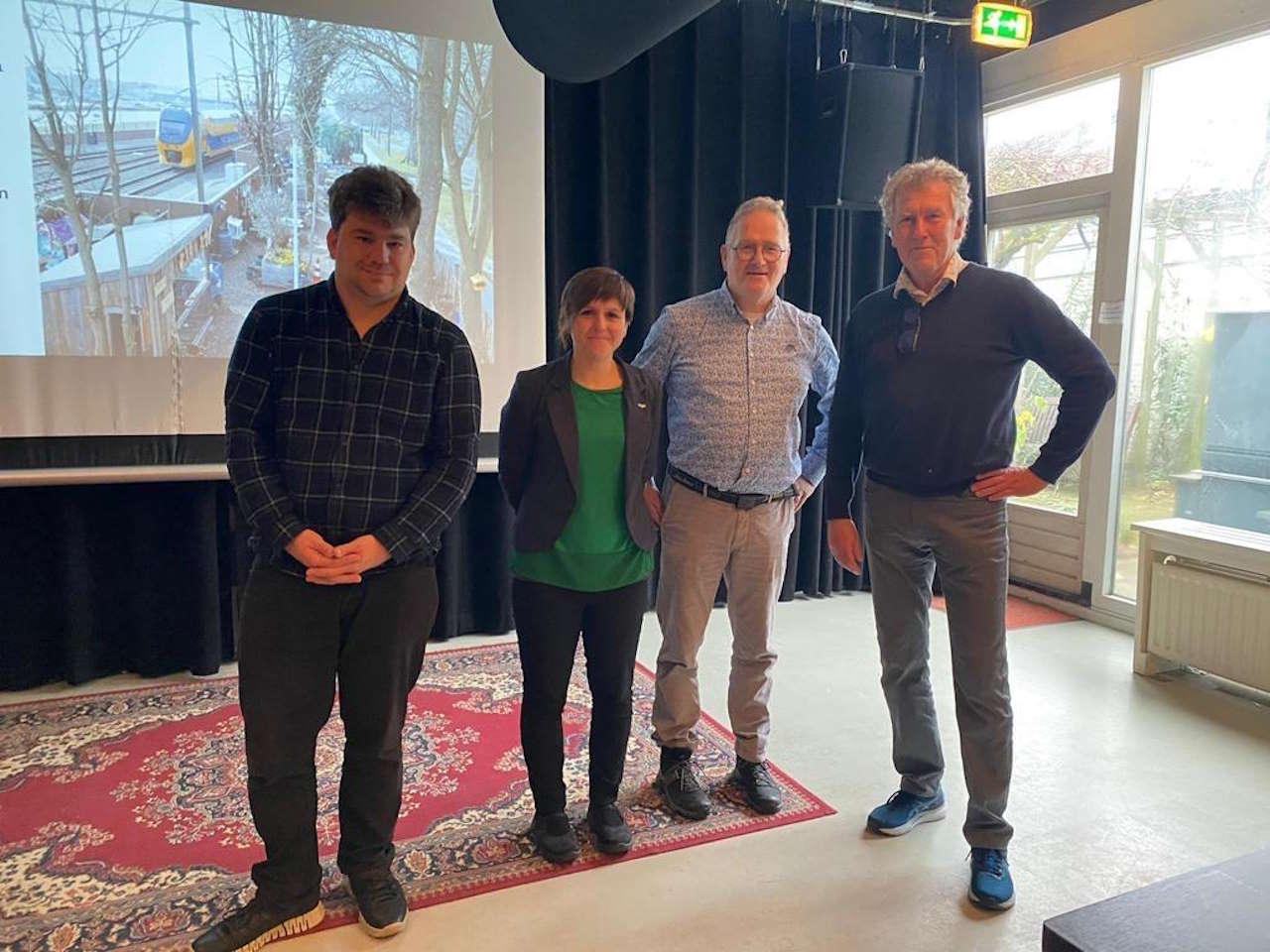 (L-R) Vincent Jacobs of LSA, Jools Townsend, chief executive of Community Rail Network, Michel Lintermans of Coöperatie Stationspark Deurne, and Jos van Wegen of Coöperatie Coopnet at the networking event in Utrecht.