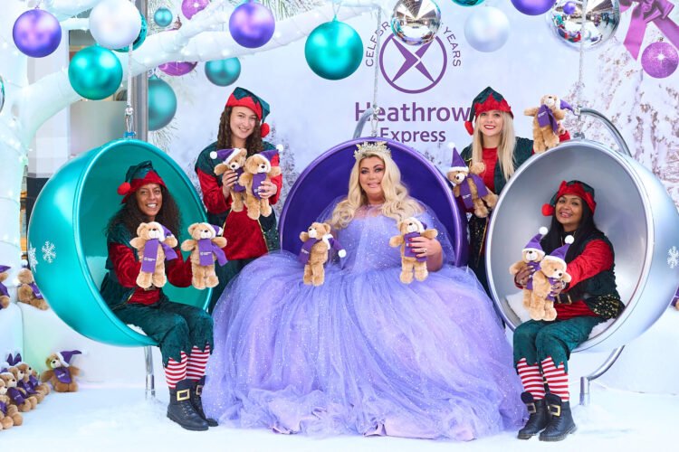 Gemma Collins and team with the Heathrow Express teddies