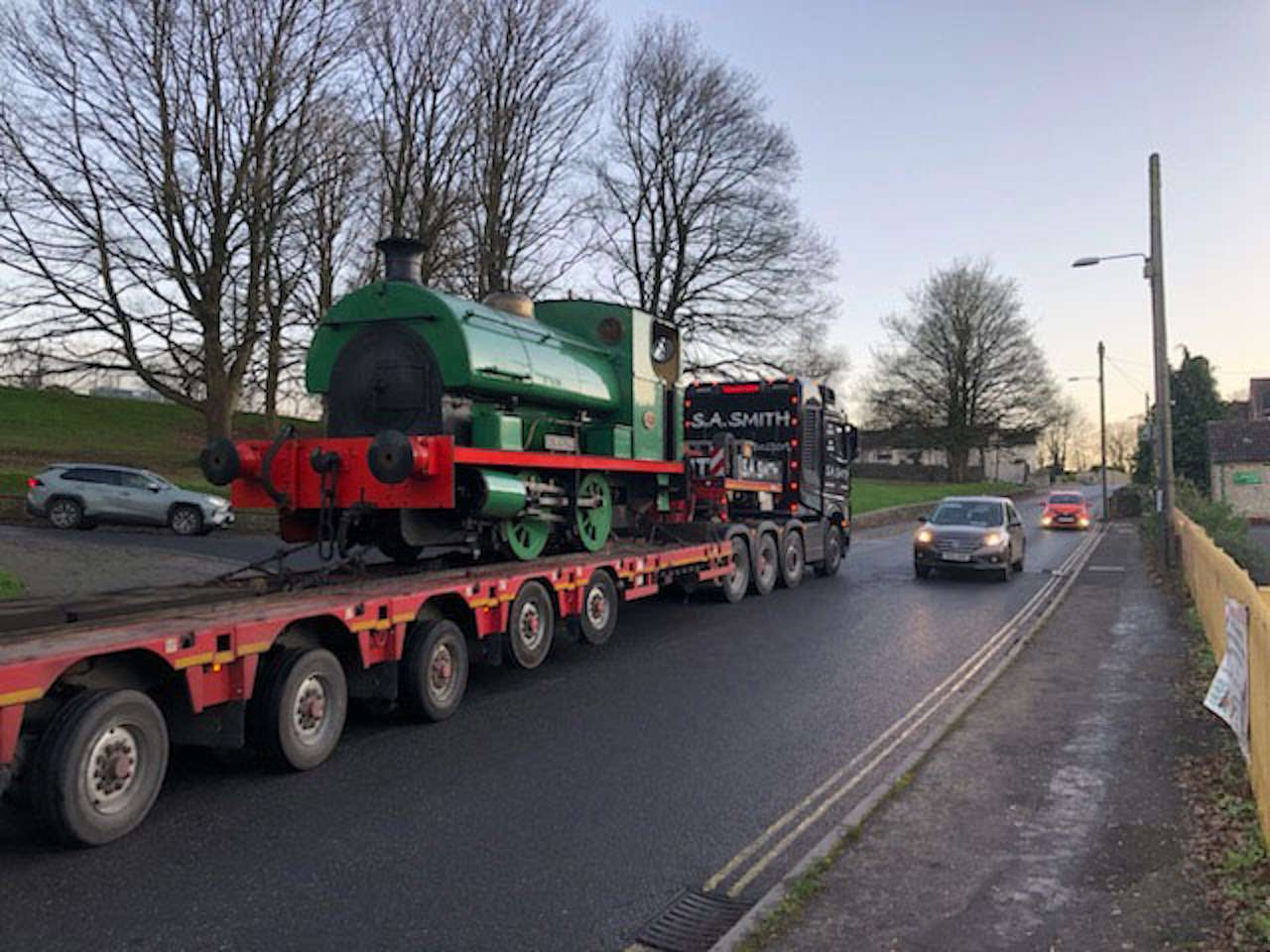 Kilmersdon on the low loader, Silver Street, Midsomer Norton