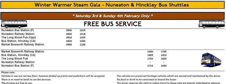 Winter Warmer Steam Gala free bus timetable.