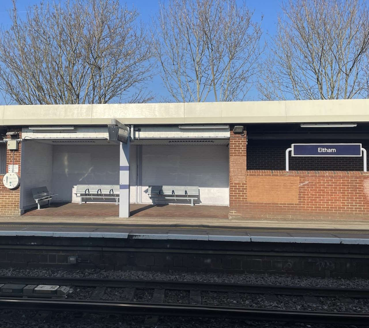 Eltham station waiting area before cover