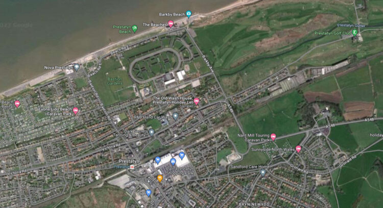 Aerial view of Prestatyn village showing the station and the golf club // Credit: Google Maps