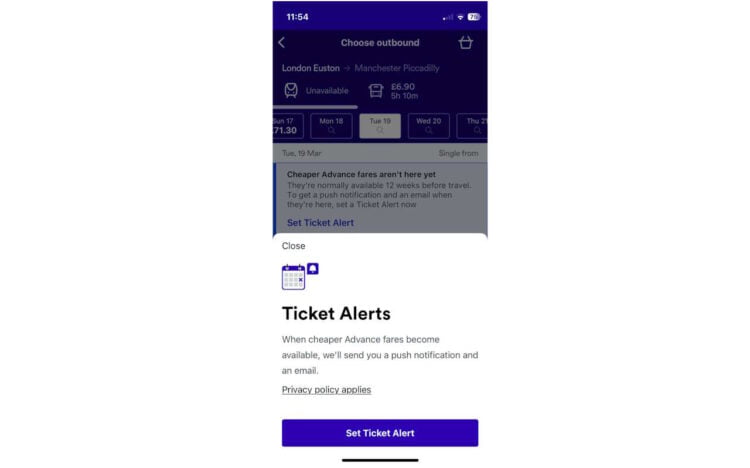 Trainline Price Alert feature. // Credit: Trainline 