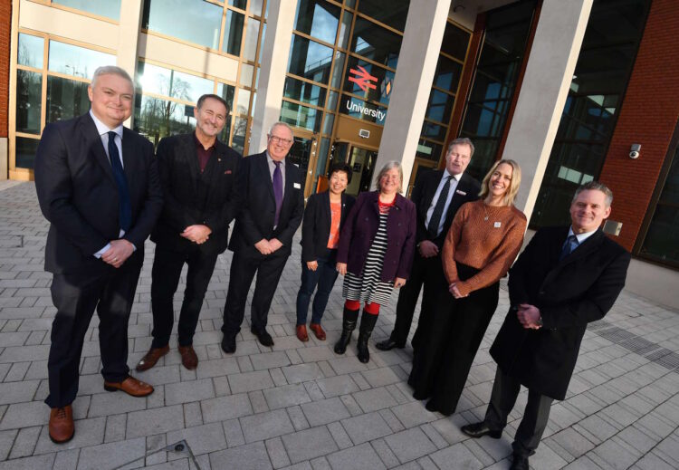 : University Station partnership from left: Rob Goode (West Midlands Trains), Trevor Payne (University of Birmingham), Neil Gaskin (Network Rail), San Ting Gilmartin (University Hospitals Birmingham NHS Trust), Liz Clements (Birmingham City Council), Paul Fountaine (SLC-AECOM Joint Venture), Amanda White (TfWM and WMRE) and James Hindes (VolkerFitzPatrick)