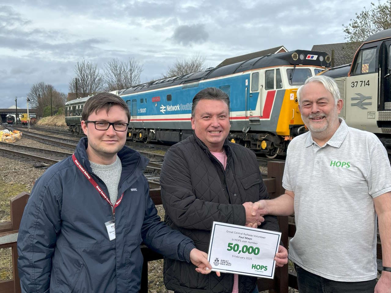 Scott Manley, Great Central Railway Director; Paul Mayo, GCR cutting-back volunteer and HOPS user 50000; and Bob Machon from HOPS.