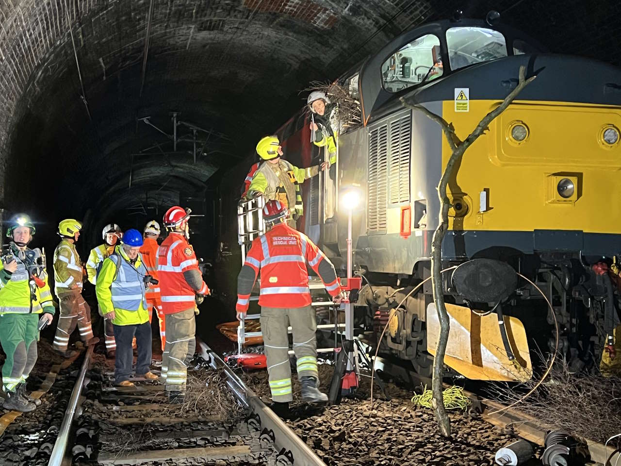 Emergency services assessing train damage as part of 'Royal Oak' incident exercise at Sutton Coldfield station