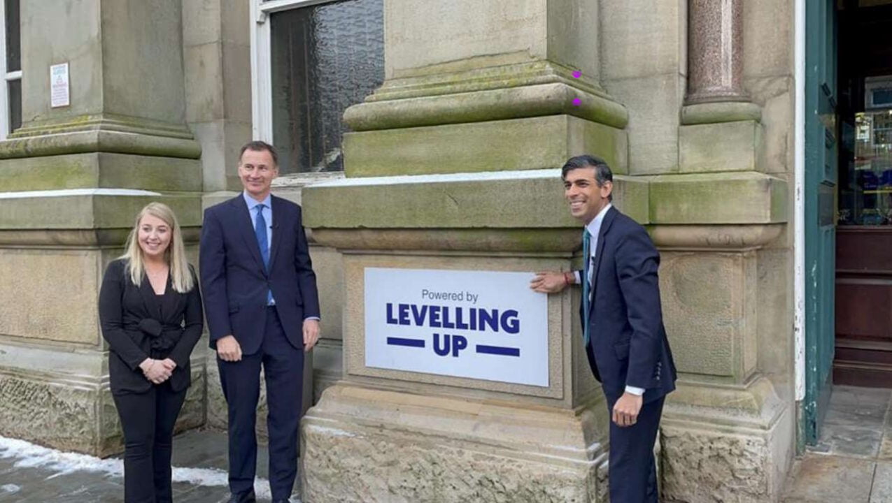 Sara Britcliffe the MP for Hyndburn, Prime Minister Rushi Sunak and Chancellor Jeremey Hunt outside Accrington Market Hall