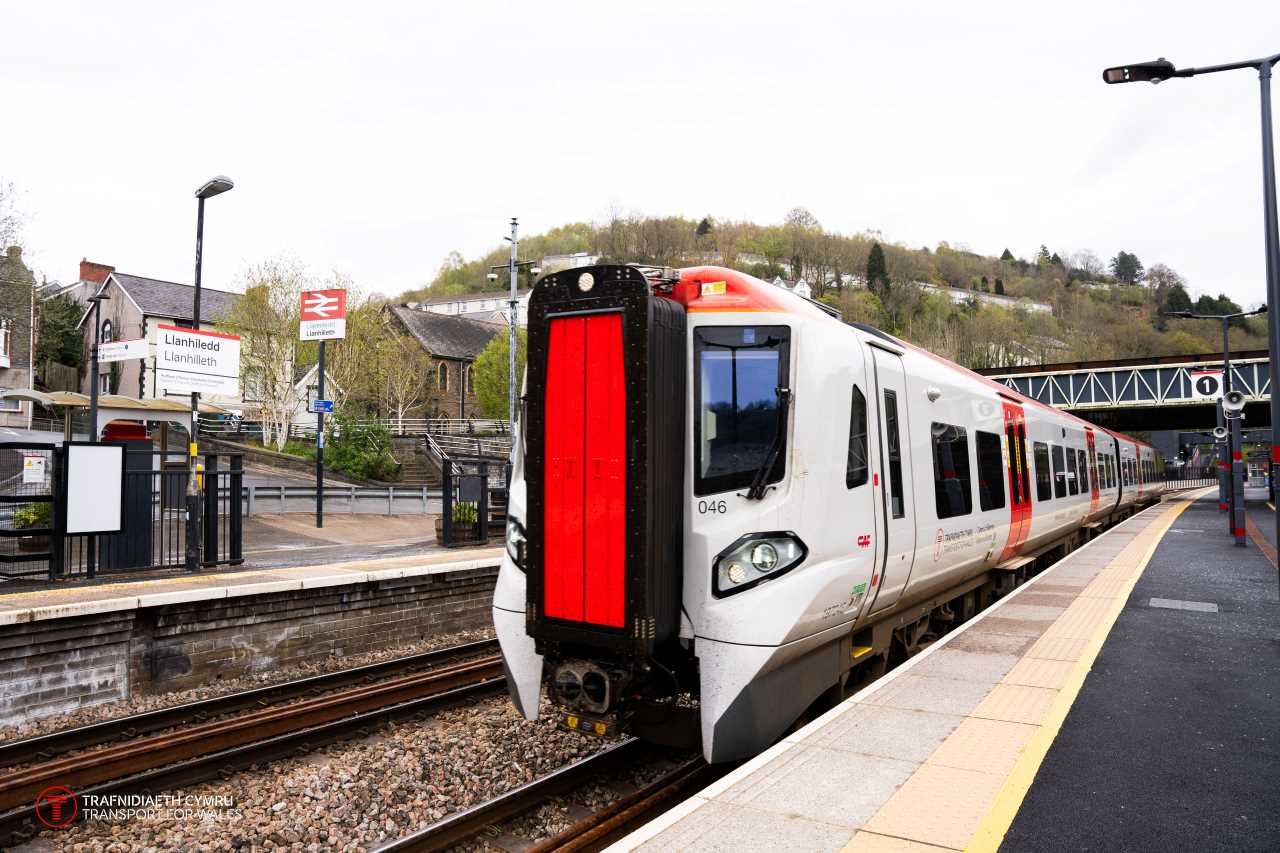 197046 is launched on the Ebbw Vale line at Llanilleth - Transport for Wales