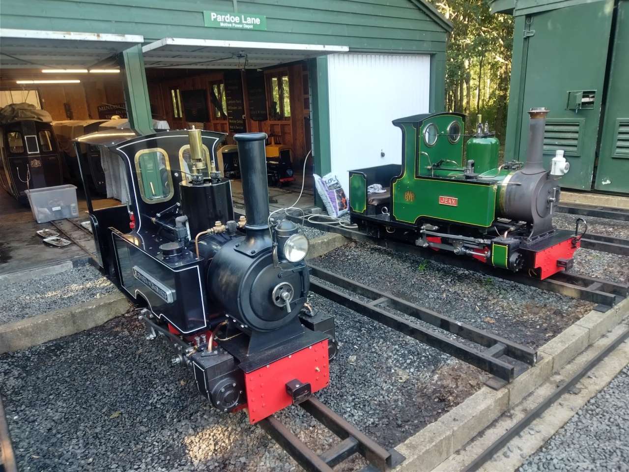 3 - Home fleet locomotives 'Bernarda von Barnards' and 'Jean' at Pardoe Lane MPD, photo Chris Charles (1)