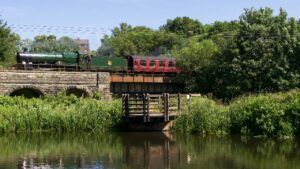 Steam train on the High Woodhill Mill Viaduct, East Lancashire Railway