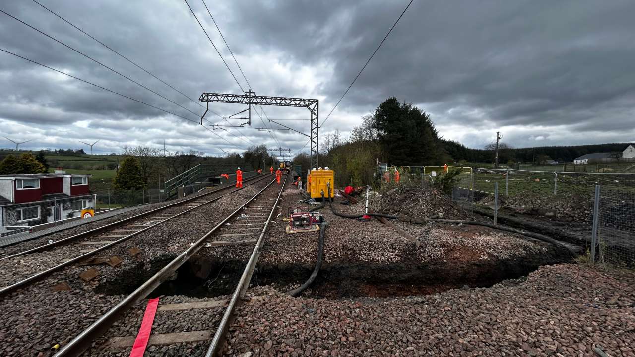 The sinkhole which has appeared on the railway line