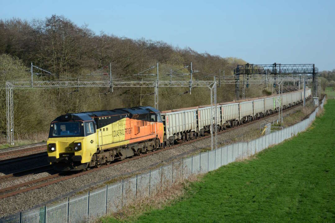 70810 hauling 4Z33 Mountsorrel to Penmaenmawr Quarry at Slindon on 03/04/2023.