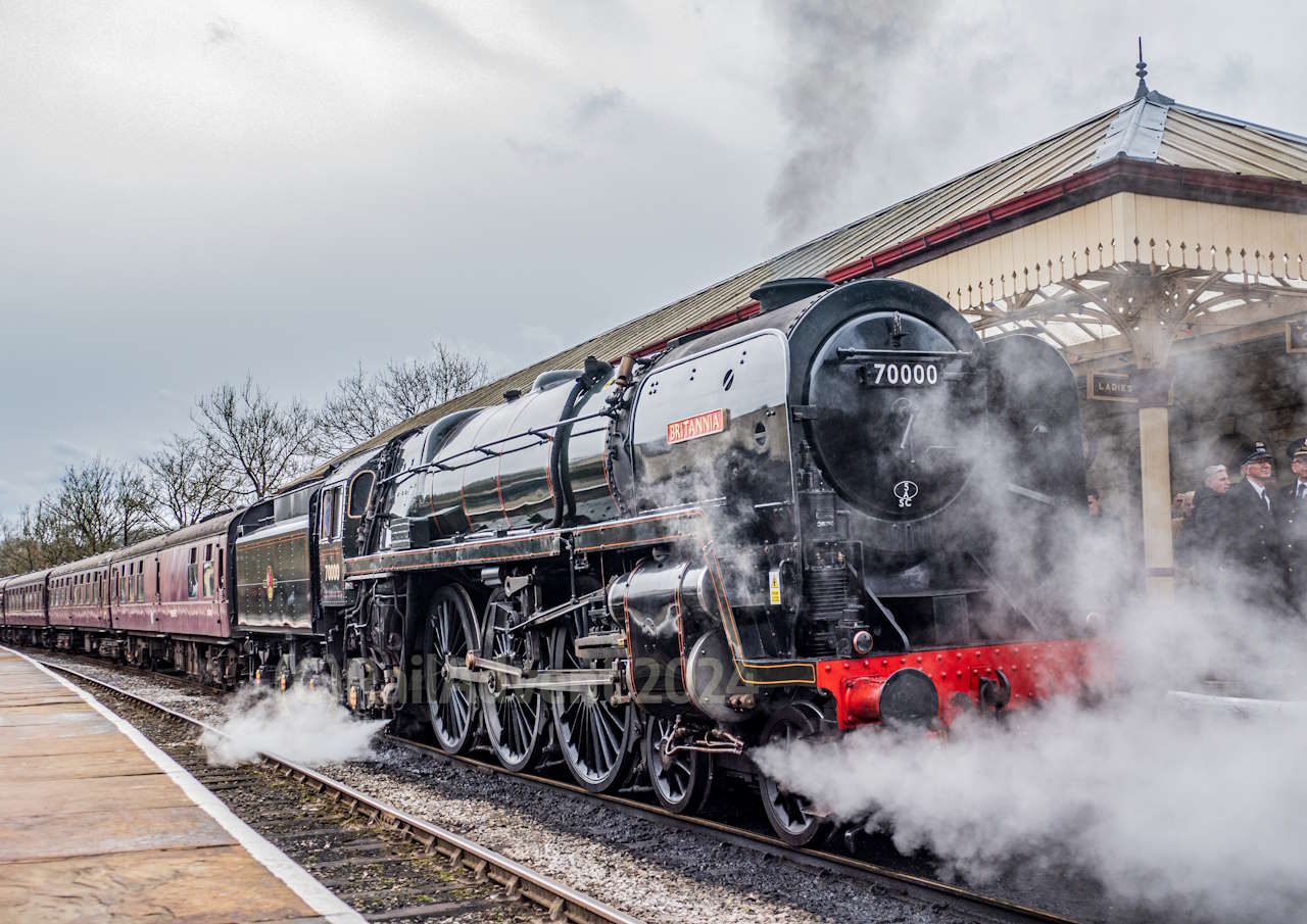 70000 Britannia stands at Ramsbottom, East Lancashire Railway