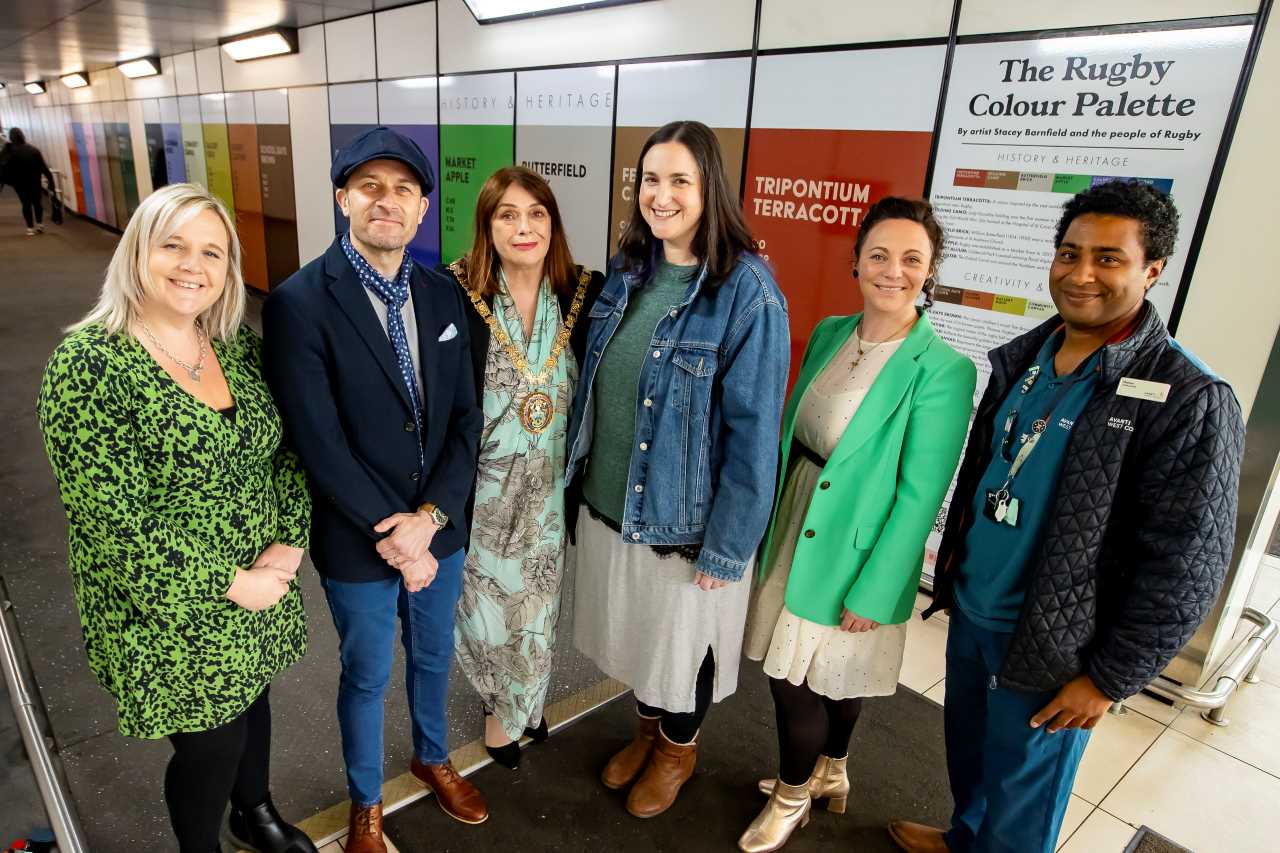 Rugby Colour Palette - Launch Event (left to right): Sarah Sheldon (Avanti West Coast Station Manager at Rugby), Stacey Barnfield, Cllr Maggie O'Rourke (Mayor of Rugby), Julia Singleton-Tasker (Heart of England CRP), Sarah Annis (Ruby Red) and Marlon Golding - Avanti West Coast