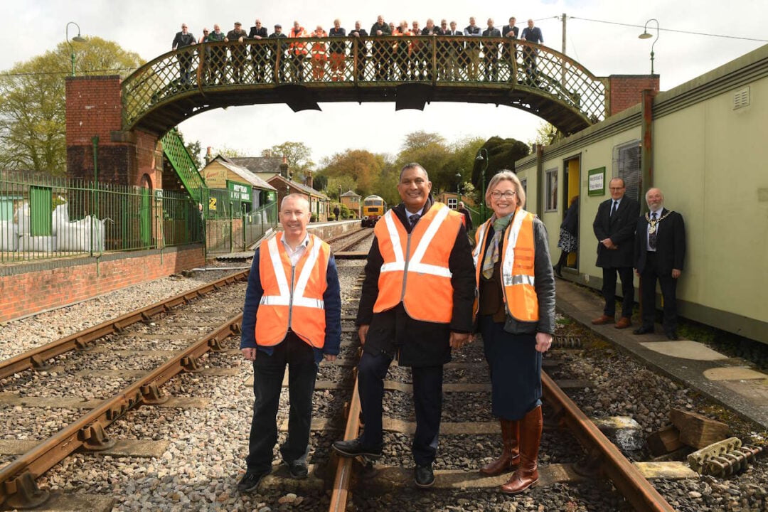 From left: Pat Butler, Signal & Telegraph Manager; Lord Kamall, and Rebecca Dalley, CEO of The Watercress Line, at Medstead and Four Marks station. Photo: Russell Sach.