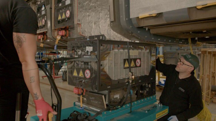 Installing the battery at Hitachi's Newton Aycliffe plant. // Credit: Hitachi Rail